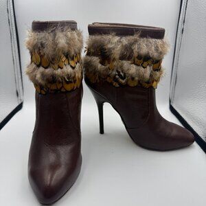 bebe Brown Leather Ankle Booties with Feather Trim